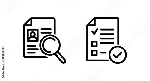 Kyc verification and checklist document icons with magnifying glass and checkmark symbols, representing identification and confirmation processes