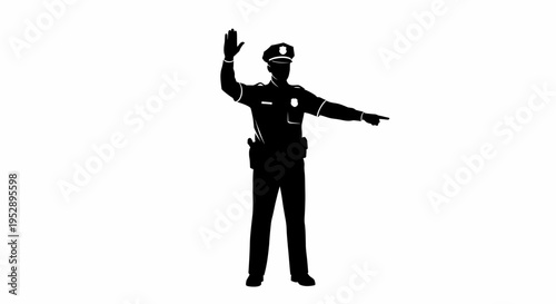 Policeman gesturing with hand raised and pointing to the side in a directing motion standing against a plain white background in black silhouette