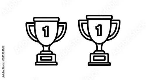 Two trophy icons with number 1, first place award, winner symbol, championship cup, victory prize, success, achievement, competition, best, top rank, sports, business award, vector illustration, simpl