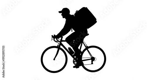 Silhouette of a delivery person riding a bicycle with a large backpack