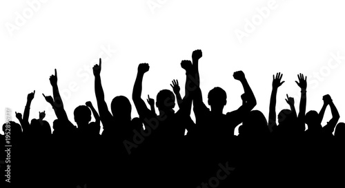 Silhouette of a crowd of people with raised hands and fists in celebration or protest against a plain white background, showing unity and collective action.