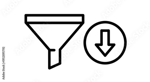 Funnel icon with downward arrow symbol representing data filtering, search refinement, or download process, isolated on white background