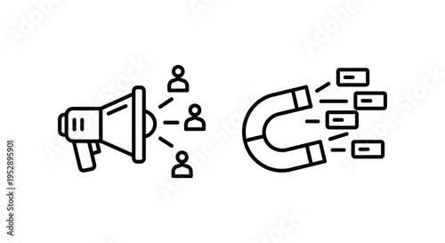 Line icons for lead generation and lead magnet, illustrating marketing strategies, customer attraction, and business growth with megaphone and magnet, line art