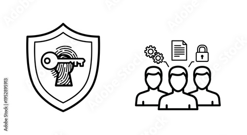 Line icons for identity access control and role-based access management, depicting security, user authentication, and digital permissions, line art
