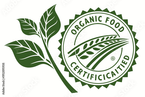 Organic food certification logo with green leaf and grain