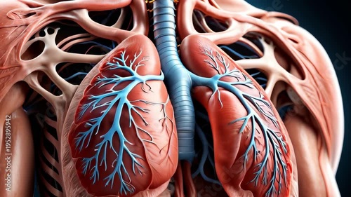 Highly detailed medical illustration of human lungs showing bronchial tree, airways, and respiratory system structure.
