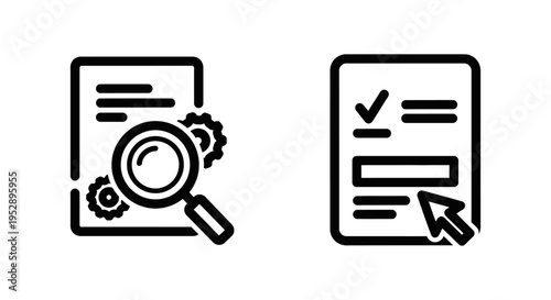 Line icons for form optimization and form fill, illustrating data input, form completion, user interaction, and website optimization processes, line art