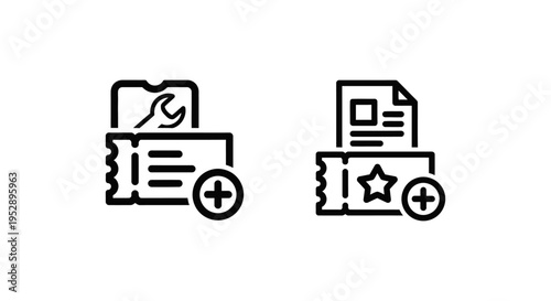 Ticket creation and new ticket icons: digital mobile support, service booking, and event entry system vector set for customer service and online transactions