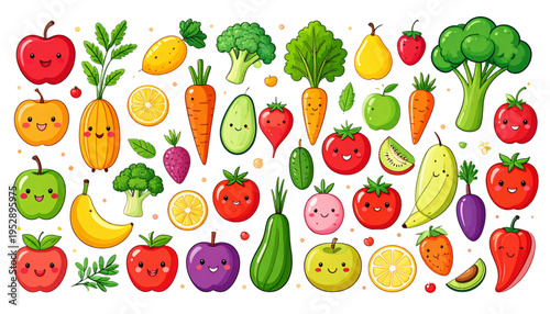 A collection of colorful hand drawn fruits and vegetables with cute smiling faces and expressions Vector