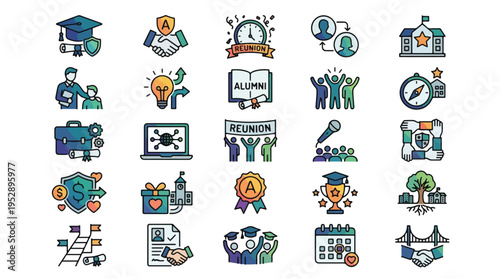 Alumni and University Reunion Icon Set in Gradient Style. Collection of linear icons, including graduation, networking, mentorship, career, donation, trophy, school, and more. Vector.