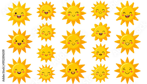 A collection of bright yellow sun characters with various cheerful and happy facial expressions Vector
