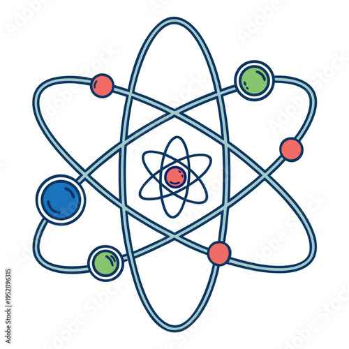 A cartoon atom with electrons and a nucleus