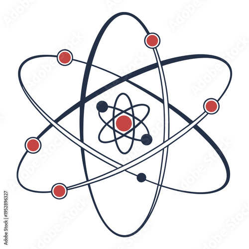 A stylized illustration of an atom with red and blue circles and lines