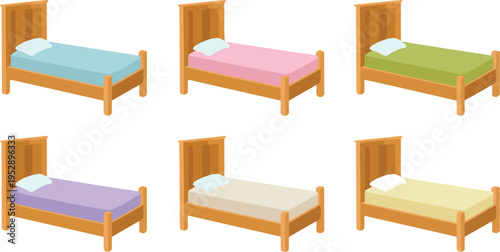 Set of six wooden bed icons in minimalist line art style with colorful pillows arranged in grid layout