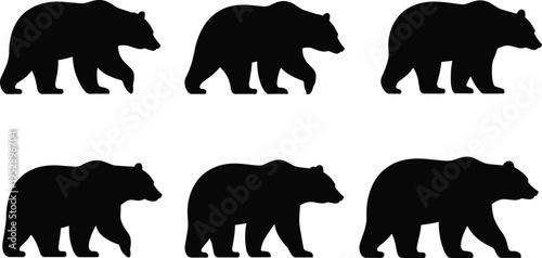 Bear silhouette collection set, walking wild animal black isolated woodland mammal wildlife vector illustration bundle