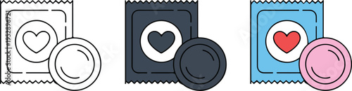 Set of three minimalist condom package icons in black, grayscale, and colorful variations with heart symbol design
