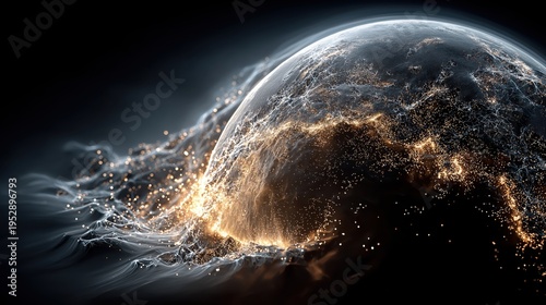 Conceptual 3D CGI render of Earth planet sphere with abstract glowing digital network and data lines in space. Global connectivity, internet of things (IoT), big data, communication technology and bus