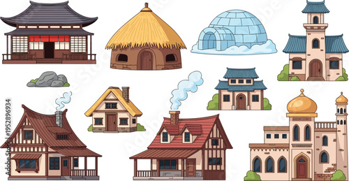 World Architecture House Vector Set Featuring Traditional Japanese, European, Igloo, Hut, and Cultural Buildings in Detailed Cartoon Style