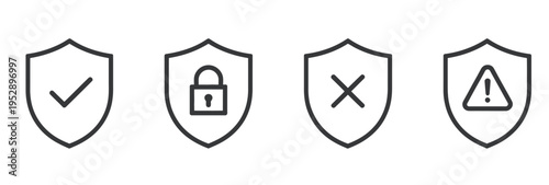 Simple outline vector icons depicting security status with checkmark, lock, cross, and warning symbols.