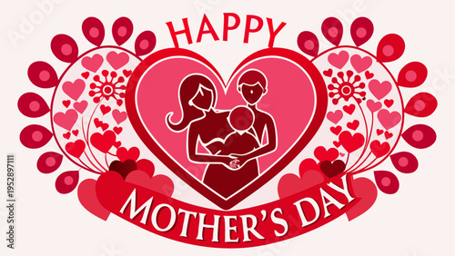 Mother's Day heart icon with family, Happy Mother's Day banner, red floral heart vector