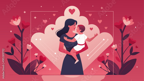 Vector illustration of mother holding baby, heart background, Valentine's Day theme