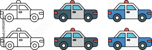 Set of six police car illustrations in line art, dark blue, and light blue-white styles arranged in grid