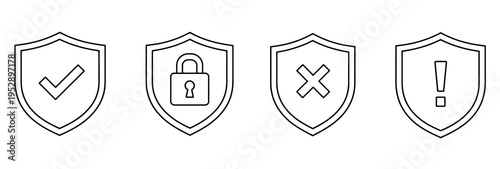 Outline shield icons set representing security, protection, approval, denial, and warnings for digital interfaces.