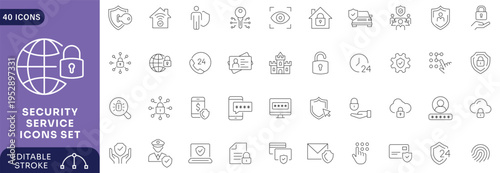 Security Service Icons Set Cyber Protection Data Privacy Network Safety Shield System Monitoring Access Control Technology Collection.