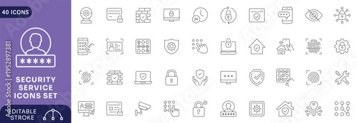 Security Service Icons Set Cyber Protection Data Privacy Network Safety Shield System Monitoring Access Control Technology Collection.