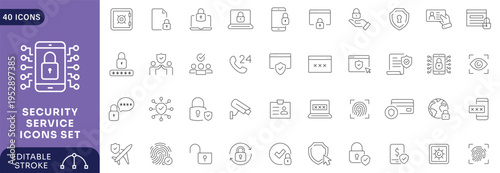 Security Service Icons Set Cyber Protection Data Privacy Network Safety Shield System Monitoring Access Control Technology Collection.