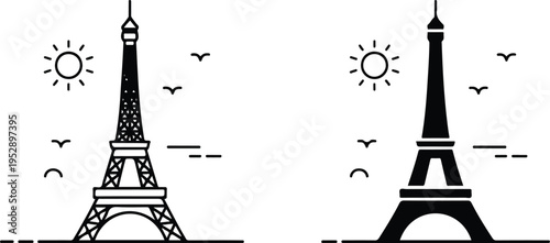 Minimalist Eiffel Tower illustration in line art and solid silhouette styles with sun and birds vector design