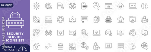 Security Service Icons Set Cyber Protection Data Privacy Network Safety Shield System Monitoring Access Control Technology Collection.