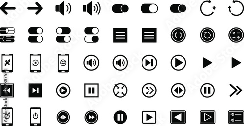 PrintCollection of Black Minimalist User Interface Icons Featuring Media Controls Volume Toggles Smartphone Symbols Navigation Arrows and Menu Buttons for Web and Mobile App Design