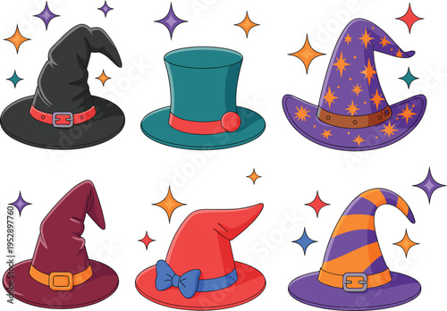 Whimsical wizard headwear illustrations featuring various patterns buckles and bows for spooky festive celebrations.