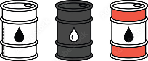 Set of three oil barrel illustrations in white, gray, and red with droplet symbols minimalist vector design