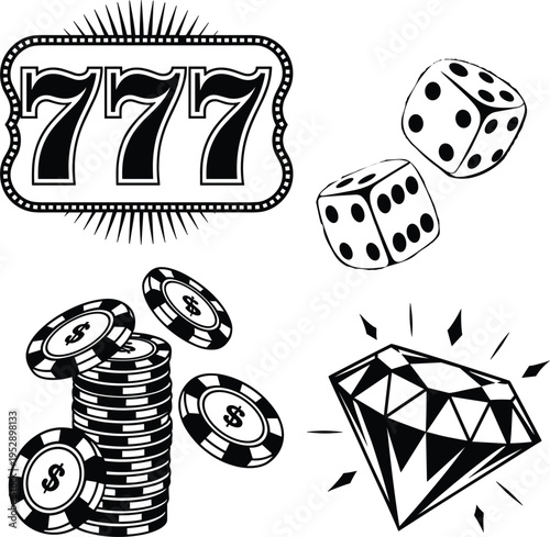 Retro black and white gambling vector set featuring lucky seven, dice, chips, and diamond.