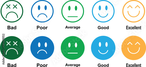 Smiley rating icon set. Emotion from happy to sad face expression illustration. Emoji faces collection. 