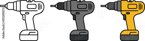 Set of three cordless power drill illustrations in line art, gray-black, and yellow-black minimalist vector tool design