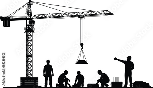 Construction worker silhouettes with tower crane lifting materials, illustrating building site activity, engineering work, teamwork,and urban infrastructure progress in minimal black style