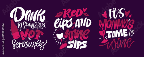 Set hand drawn doodle lettering quote about alcohol - for wine Bag. Lettering for t-shirt design, mug print, bag print, clothes fashion. 100% hand drawn vector image.
