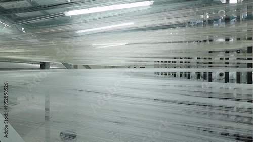 Close up of white synthetic fibers moving rapidly through an industrial weaving machine with a single red thread.