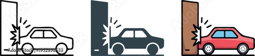 Set of three minimalist car collision illustrations showing side and frontal impacts in line, gray, and red styles