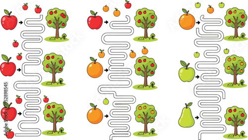 Fruit Tree Maze Puzzle Vector Set Featuring Apple, Orange, and Pear Paths to Matching Trees for Kids Educational Game Activity
