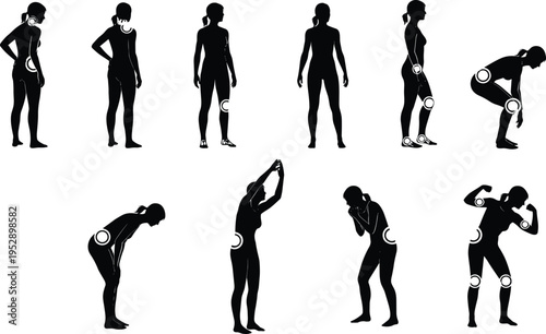 Female body pain silhouette set showing joint pain points including back, knee, shoulder and neck, medical symptom illustration for healthcare, physiotherapy and anatomy concepts