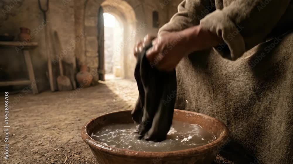 Man in robe washing fabric in clay bowl inside ancient stone room ...