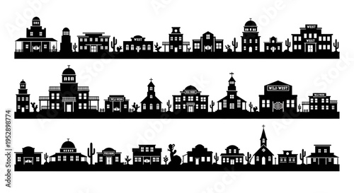 A collection of black silhouettes representing various old western town buildings and desert cacti