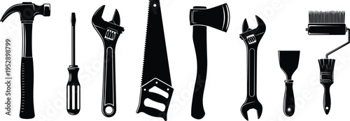 Hand tools silhouette set including hammer wrench screwdriver saw axe and painting tools isolated on white background construction equipment vector illustration collection