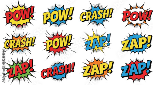 Colorful comic sound effect with pow crash and zap