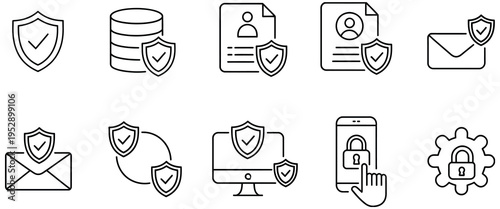Cybersecurity icons with shields protecting data, email, computer, and mobile devices