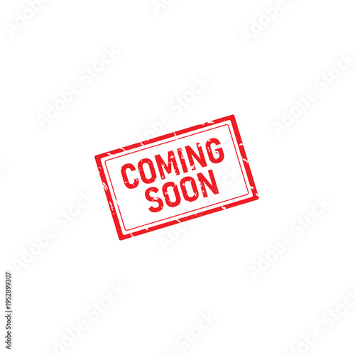 Red Coming Soon Rubber Stamp in Reverse Grunge Vector in Sharp Border, white Background, Svg, Png. For icon, logo, label, in signa, seal, tag, sign, seal, symbol, badge, sticker, emblem, banner, etc.